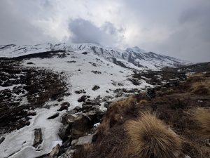 A snow-covered mountainous landscape under a cloudy sky. The foreground features patches of rocky terrain and sparse brown grass, while the background showcases steep snow-capped peaks with some rocky outcrops visible. 